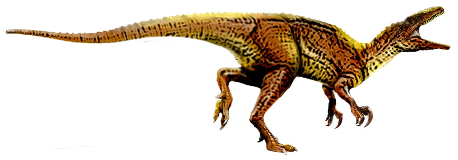 Dinosaur with shorter arms than legs, yellow and black - moving to australia