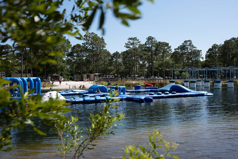 View of the water obstacle course at Trophy Lakes - Charleston Aqua Park